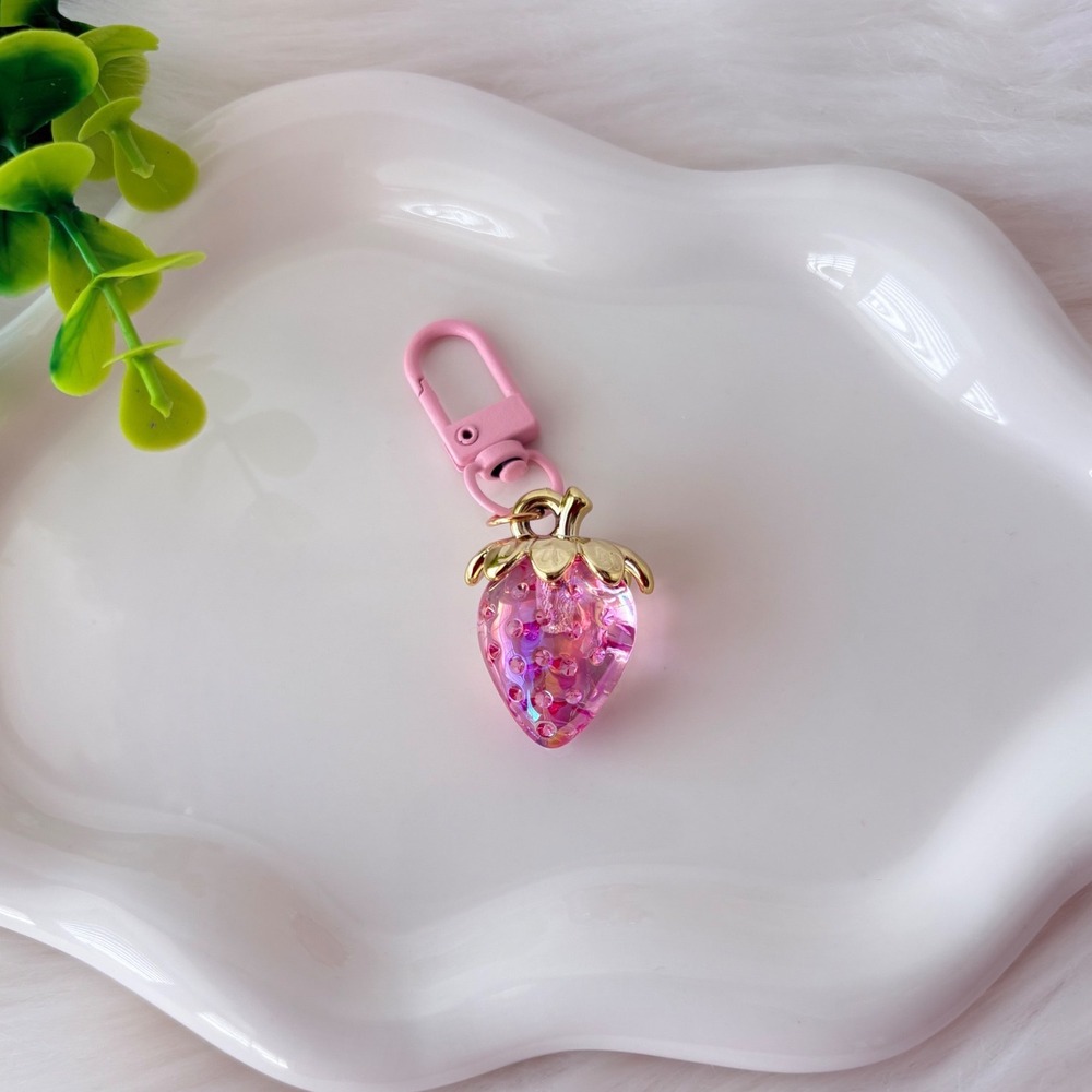 Crystal Clear Strawberry Zipper Pull/ Keychain Iridescent Charm Gold Tone